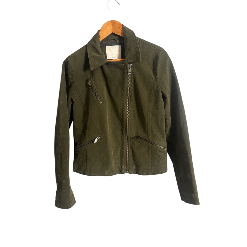 Ett:twa by‎ Anthropologie Suede Moto Jacket Olive Green Cropped Zip Front